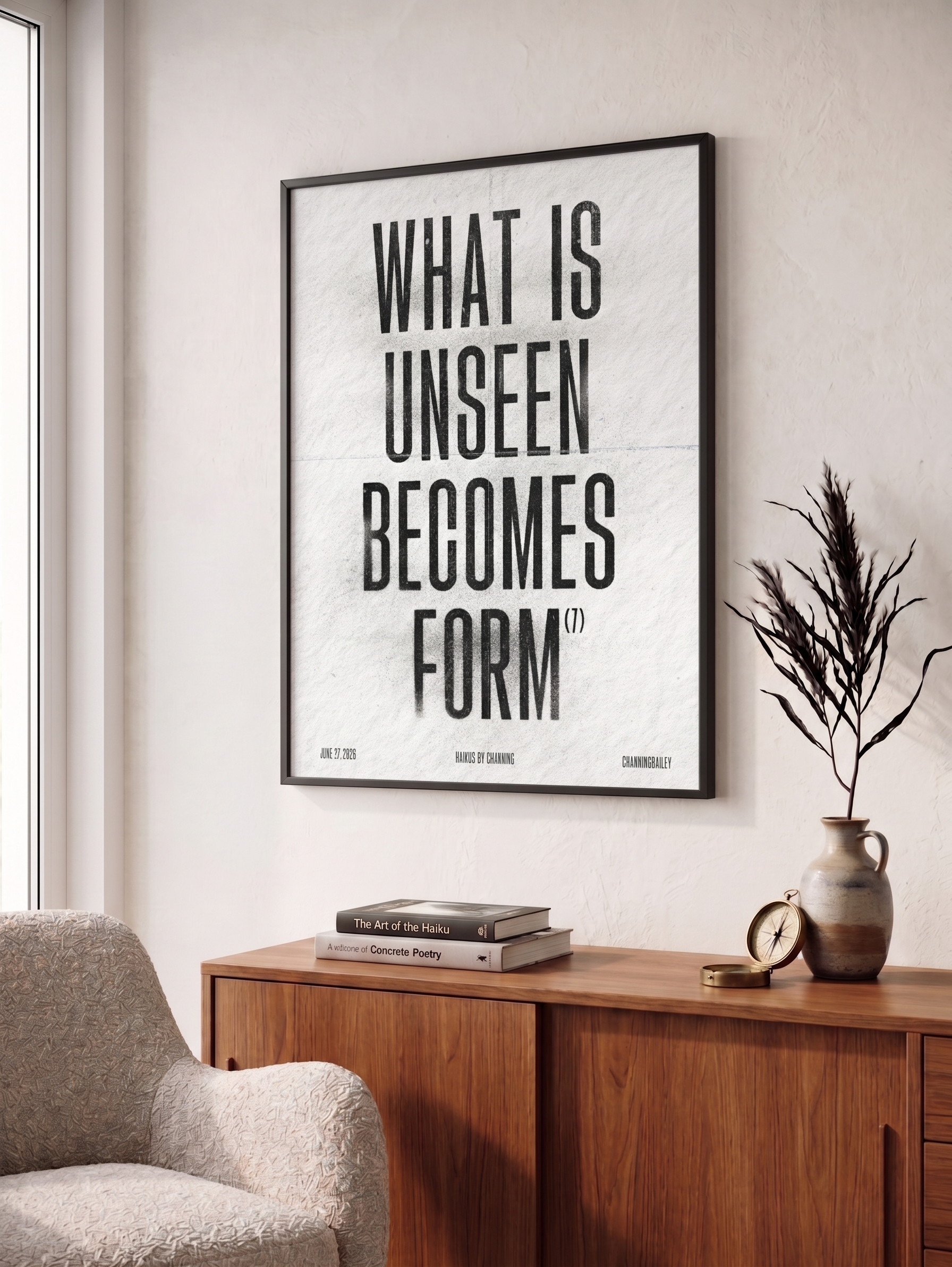 Close-up of What is unseen becomes Form by Channing Bailey, a framed archival pigment print and silkscreen from the Haikus by Channing fine art series.