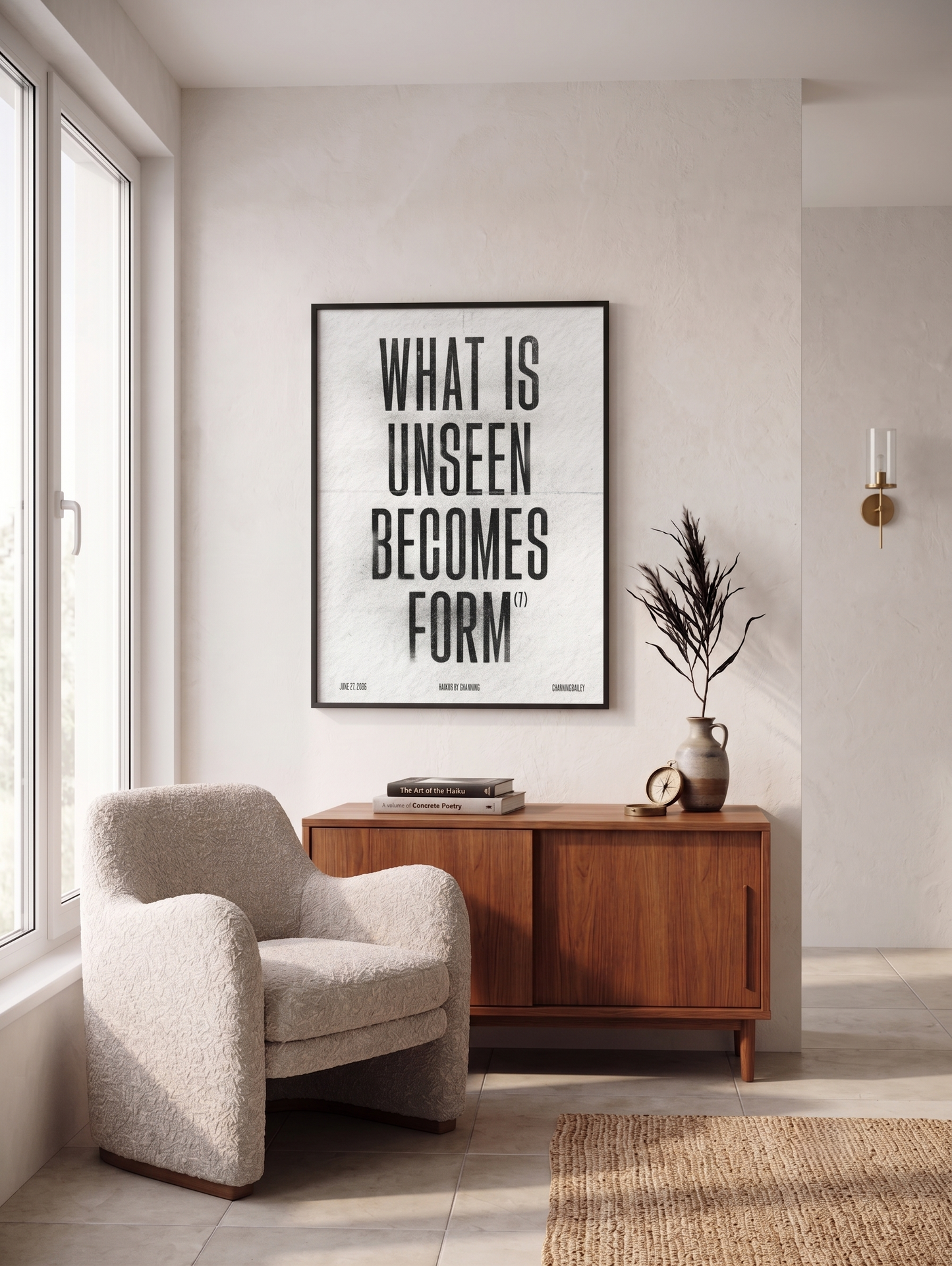 What is unseen becomes Form by Channing Bailey, framed typographic haiga fine art print from the Haikus by Channing series in a modern interior.