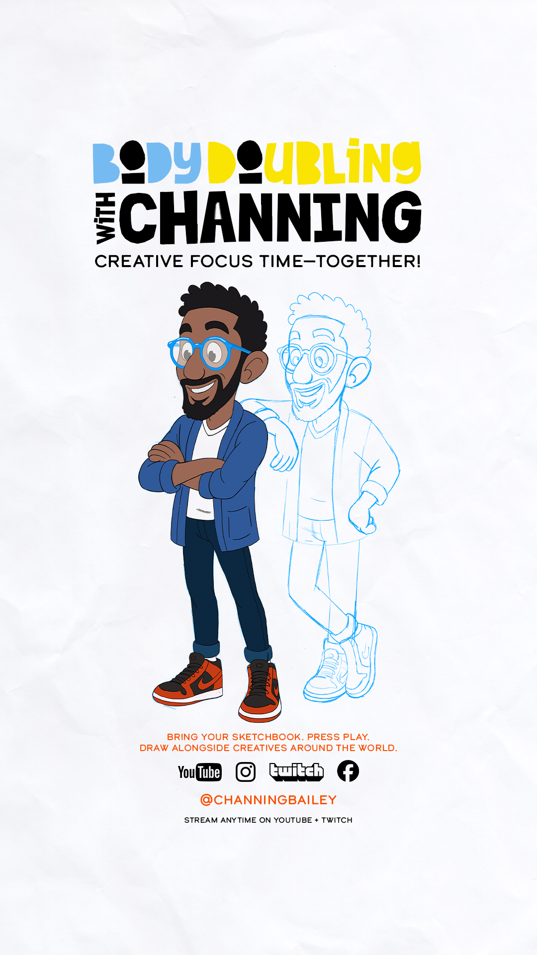 Body Doubling with Channing creative focus time poster featuring an illustrated Channing character and sketch layer.