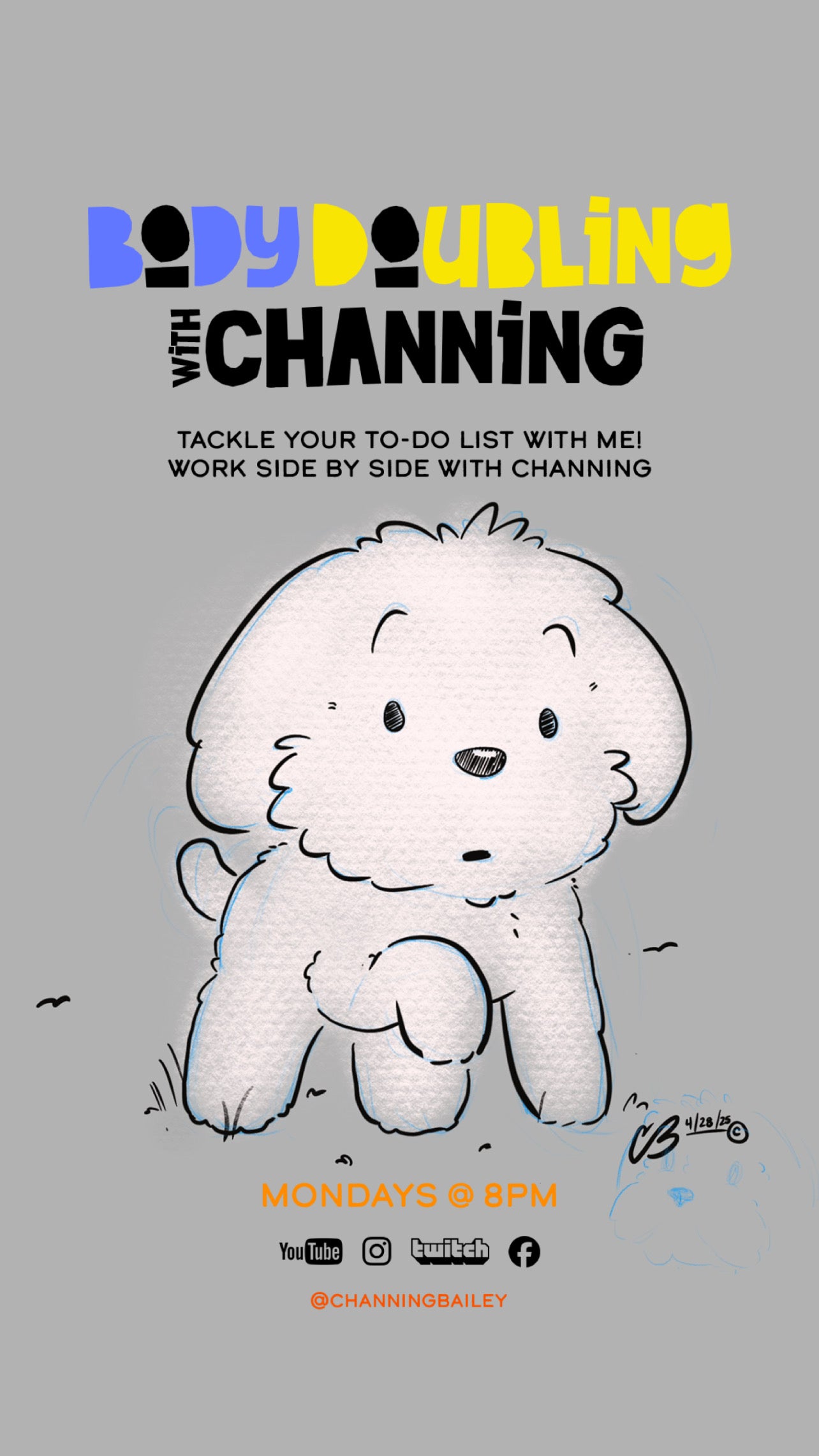 Body Doubling with Channing creative focus poster featuring an illustrated dog and streaming details.