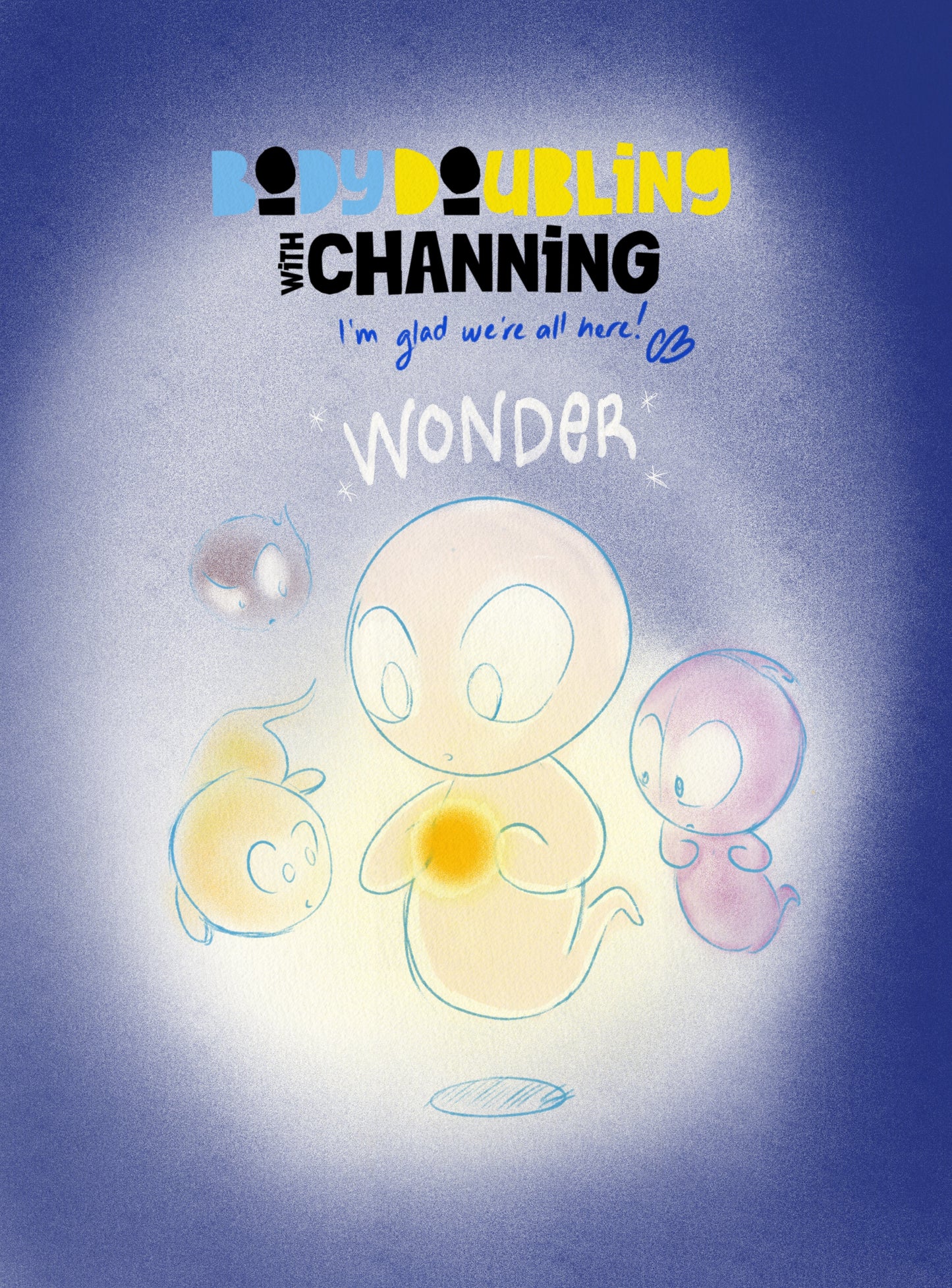 Body Doubling with Channing Wonder illustration featuring soft cartoon characters exploring a glowing creative idea.