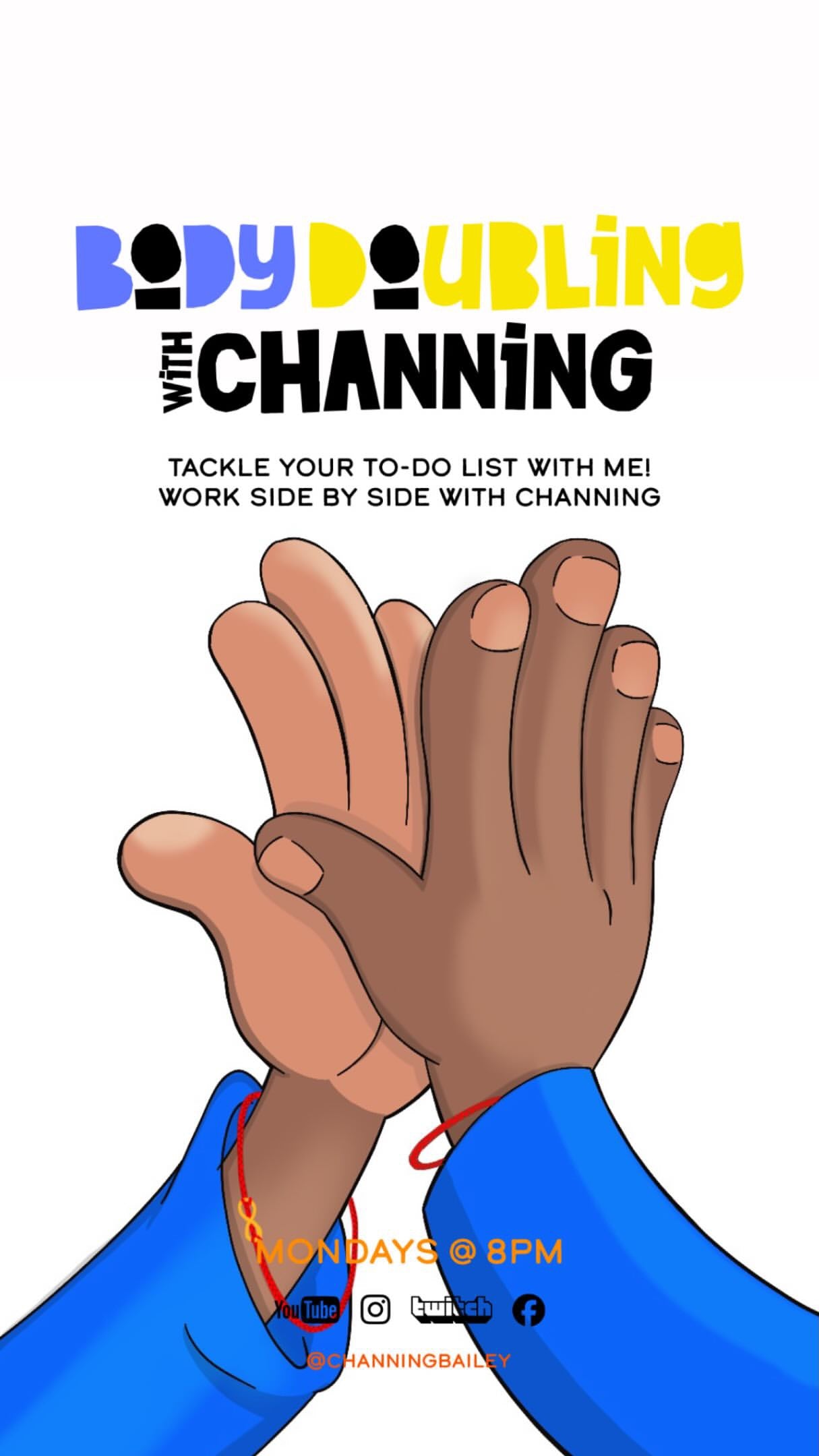 Body Doubling with Channing poster showing hands high-fiving for creative focus time and side-by-side work.