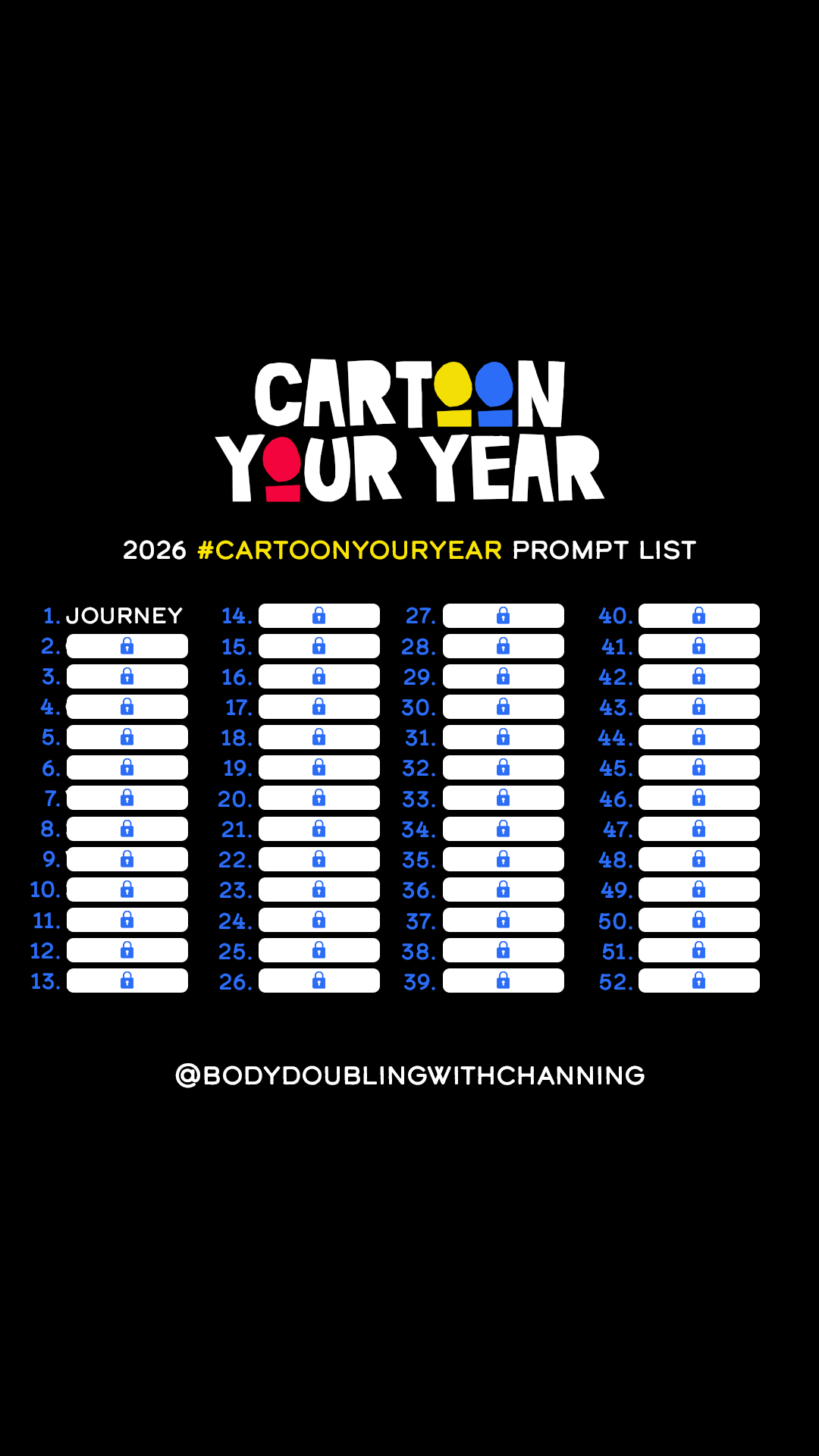 2026 Cartoon Your Year prompt list for Body Doubling with Channing, a weekly cartoon drawing challenge for creatives.