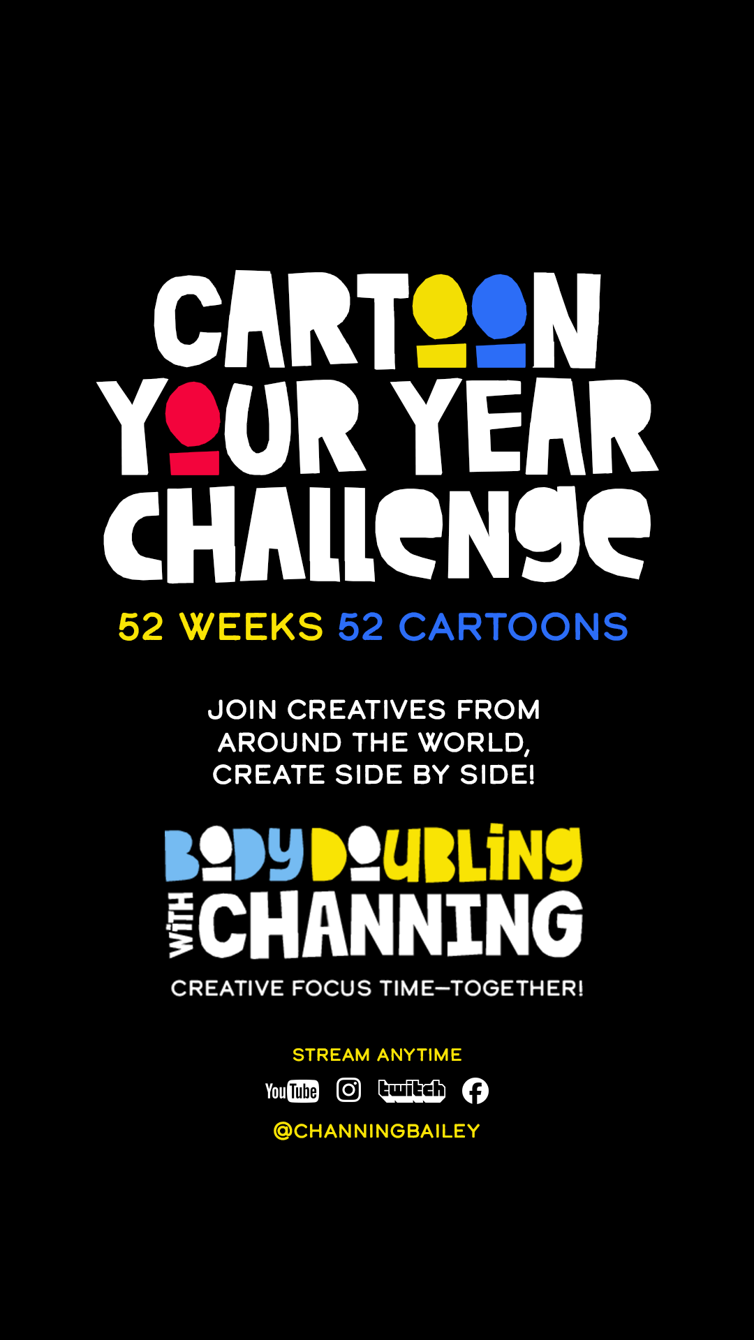 Cartoon Your Year challenge graphic for Body Doubling with Channing featuring 52 weeks and 52 cartoons.